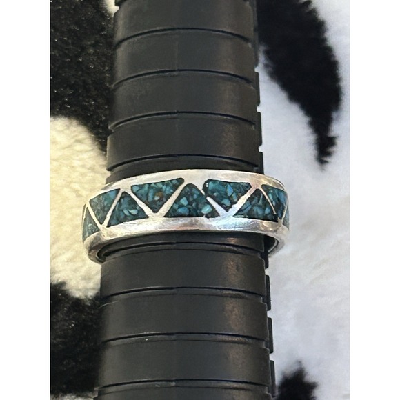 Vintage Primitive Turquoise Inlay Southwest Sterling Band Ring Size 8.5 #349 - Picture 2 of 4